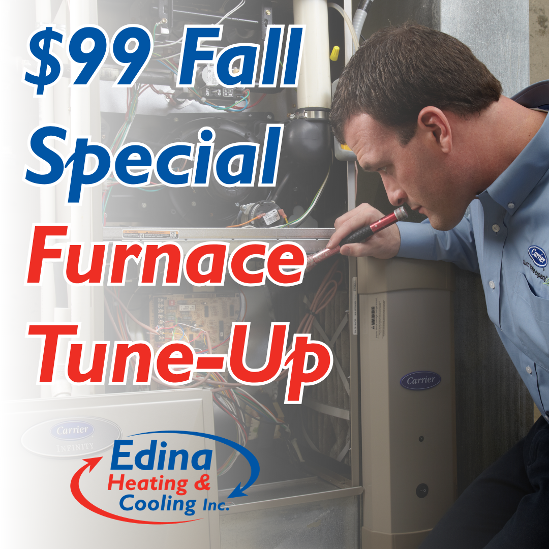 Man inspecting furnace with "$99 Fall Special Furnace Tune-Up" text on left side and Edina Heating & Cooling Logo below.
